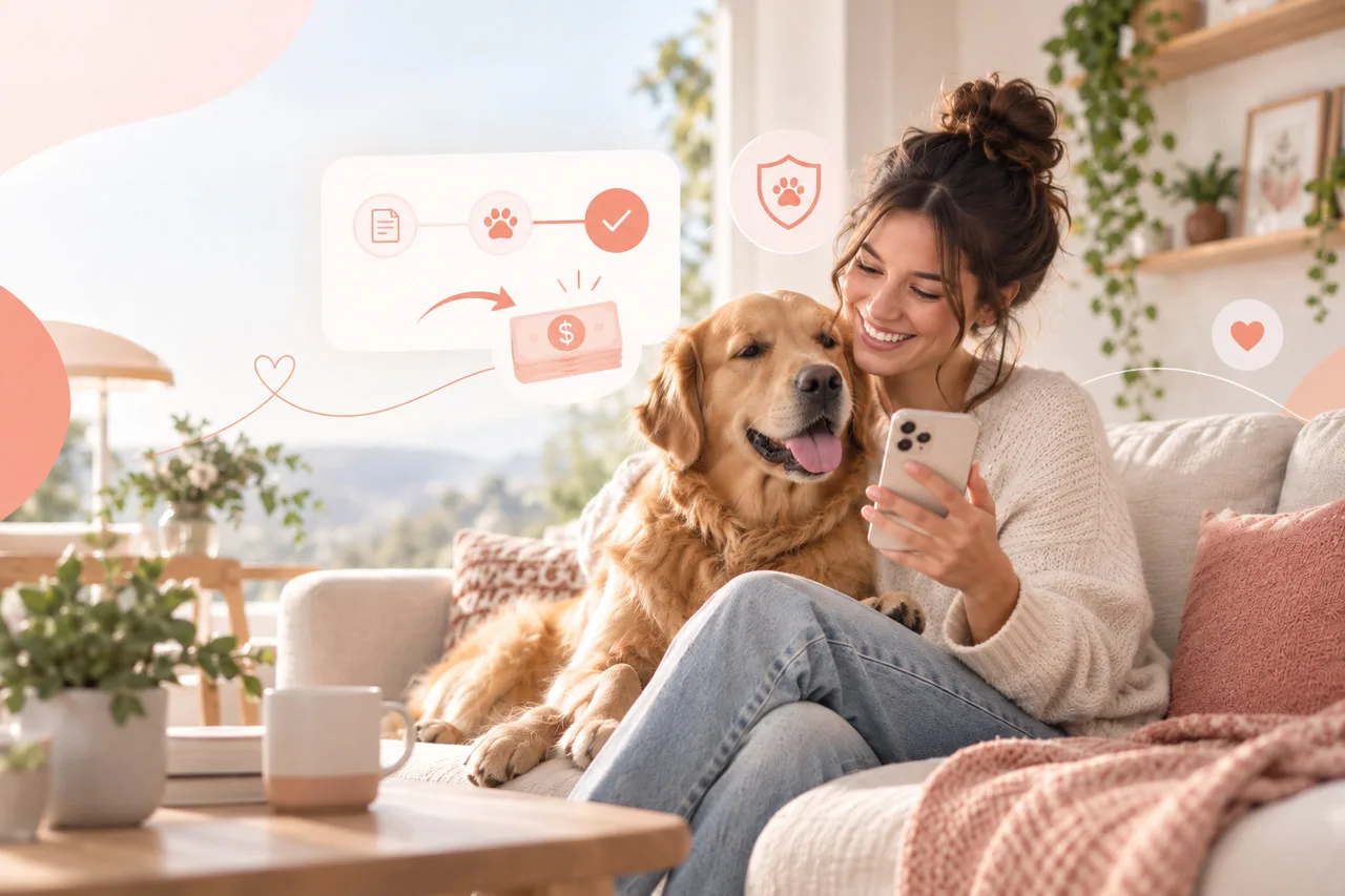 Owner holding a phone beside a golden-colored dog on a sofa